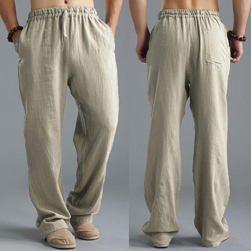 Mens Casual Loose Cotton Linen Breathable Elastic Waist Trousers 31442547M