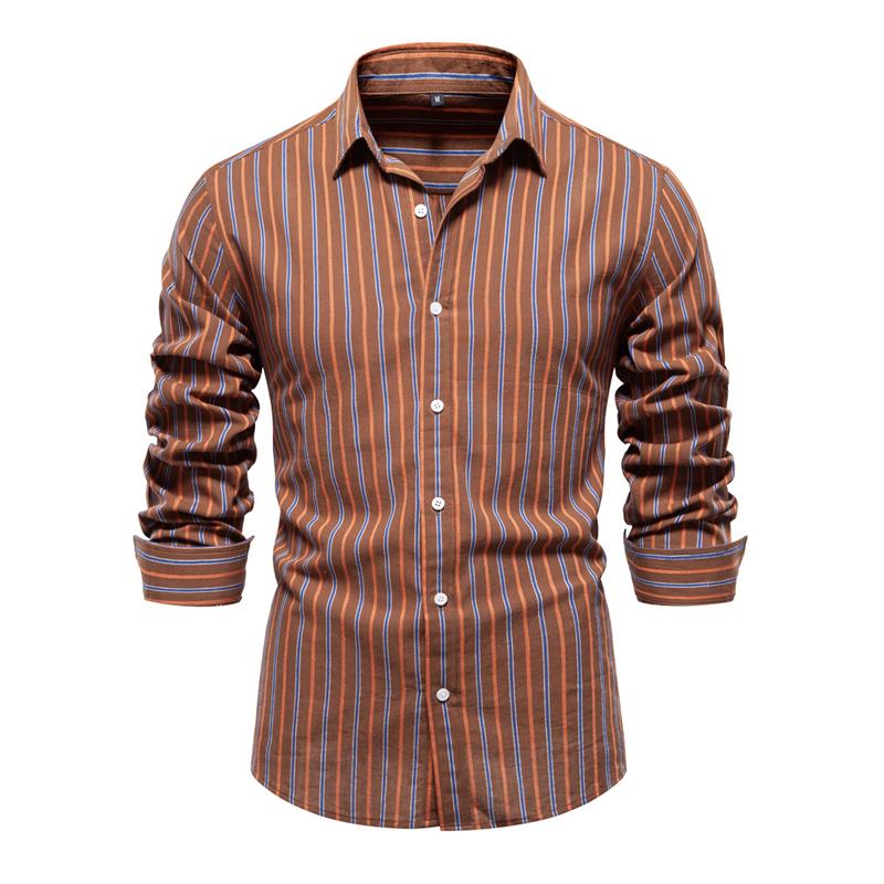 Mens Fashion Striped Long Sleeve Lapel Cotton Shirt 07386898X