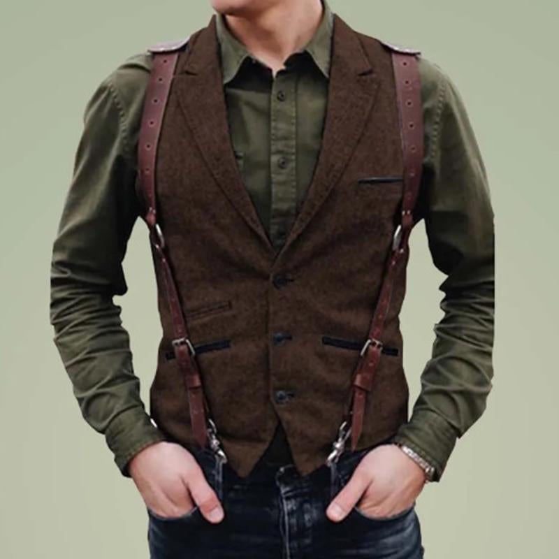 Mens Vintage Lapel Single-Breasted Multi-pocket Herringbone Vest 59356841M