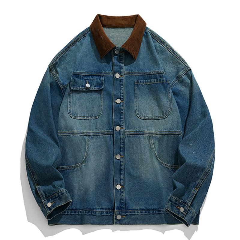 Mens Vintage Distressed Loose Corduroy Stitching Lapel Multi Pocket Denim Jacket 10790828M