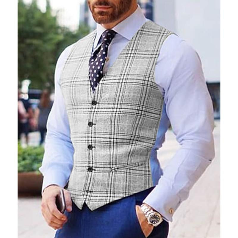 Mens Vintage Check Single Breasted V Neck Suit Vest 76608733Y