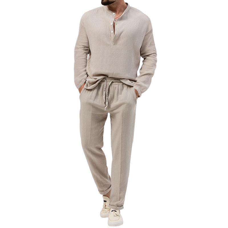 Mens Solid Loose Henley Collar Long Sleeve Shirt Trousers Set 26131708Z