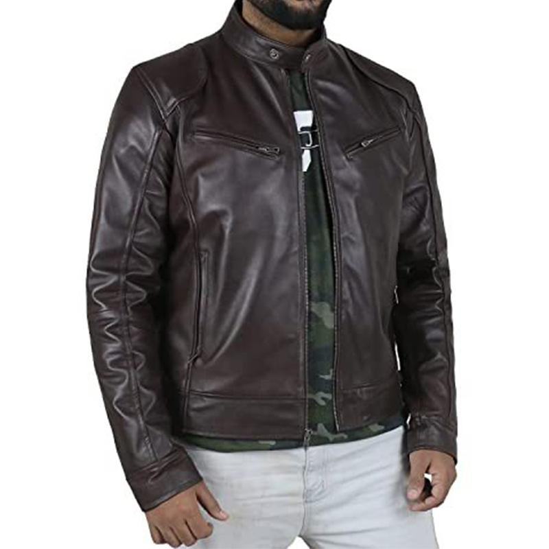 Mens Vintage Stand Collar Zipper Pocket Slim Leather Jacket 19024793M