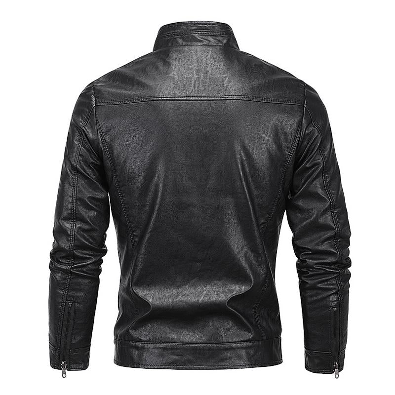 Mens Vintage Stand Collar Velvet Zipper Motorcycle Leather Jacket 80627391M