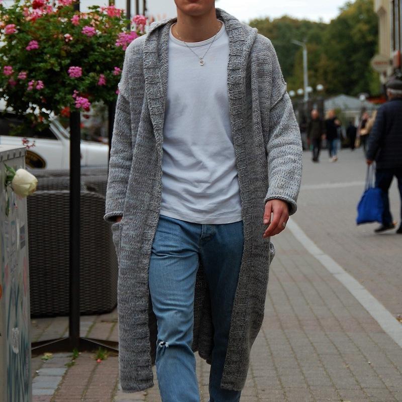 Mens Casual Solid Color Loose Long Hooded Knitted Cardigan 83442735M