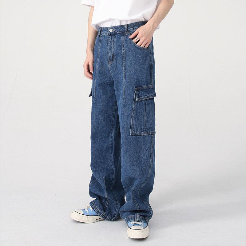 Mens Vintage Washed Multi-Pocket Loose Cargo Jeans 99235980M