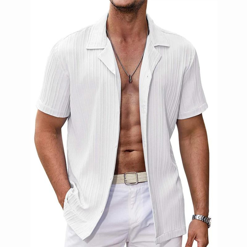 Mens Casual Solid Color Striped Short Sleeve Lapel Shirt 31319945Y