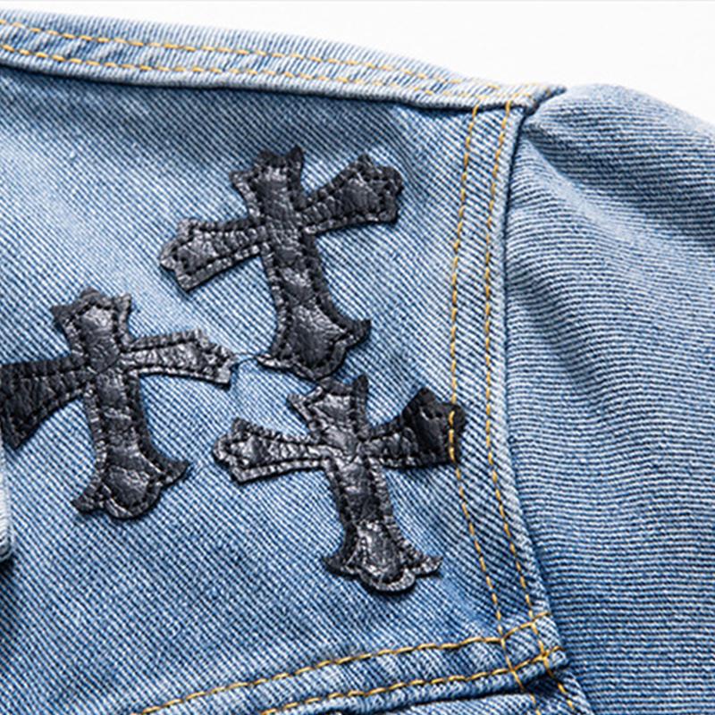 Mens Fashion Cross Patch Lapel Single Breasted Denim Jacket 84136194M