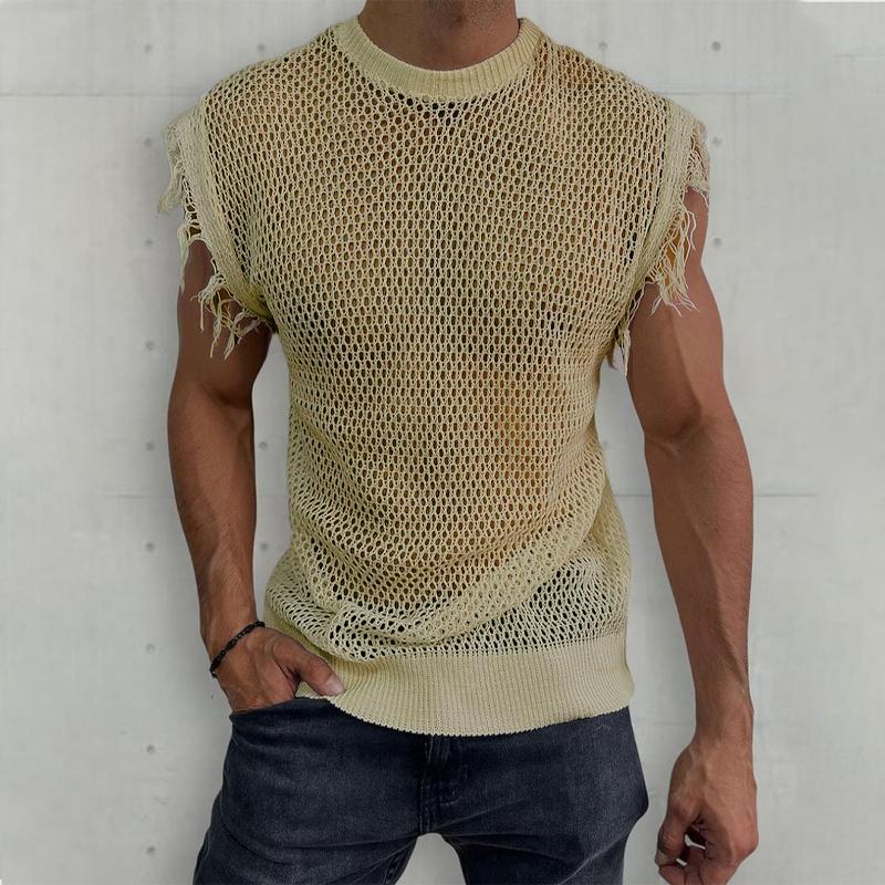 Mens Casual Solid Color Knitted Round Neck Sleeveless Hollow Tank Top 40348544Y