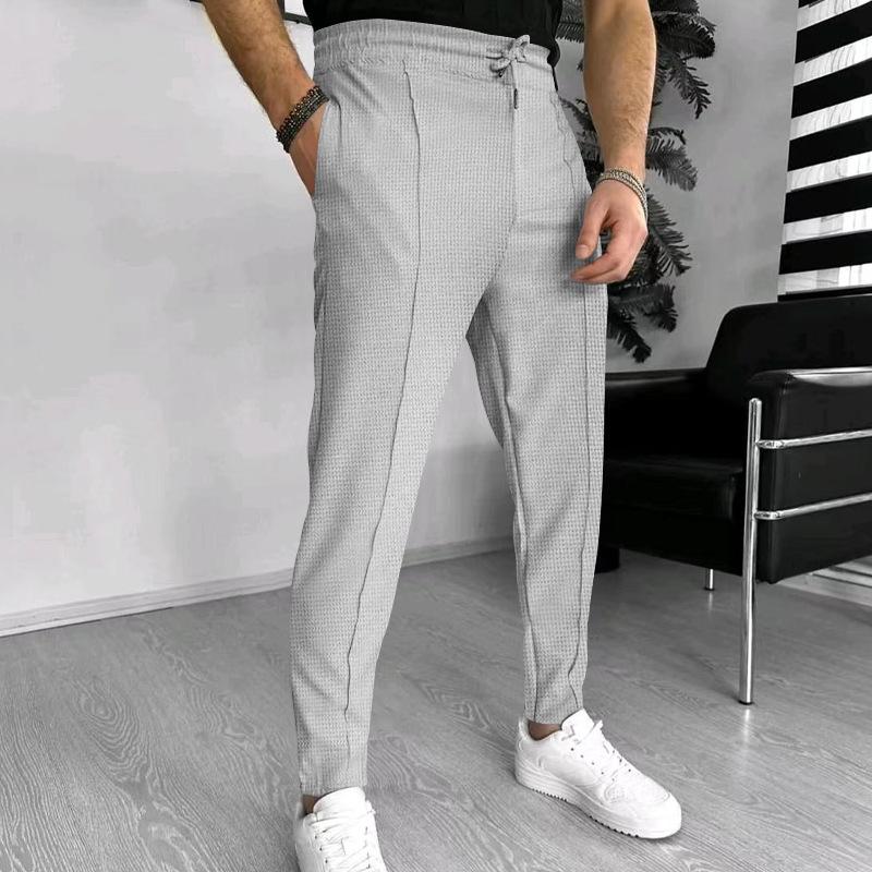 Mens Solid Waffle Elastic Waist Slim Casual Trousers 33746822Z
