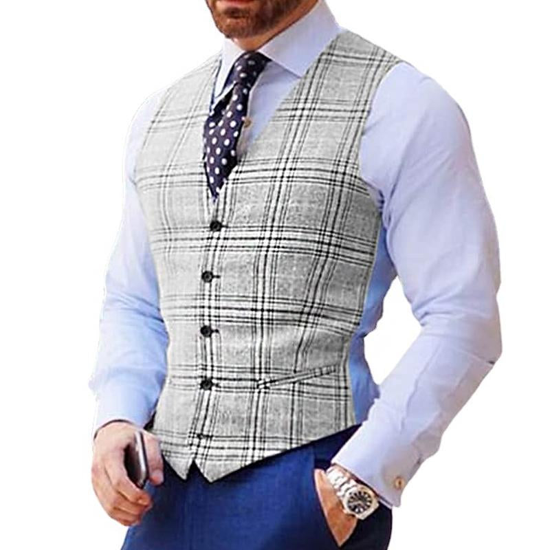 Mens Vintage Check Single Breasted V Neck Suit Vest 76608733Y