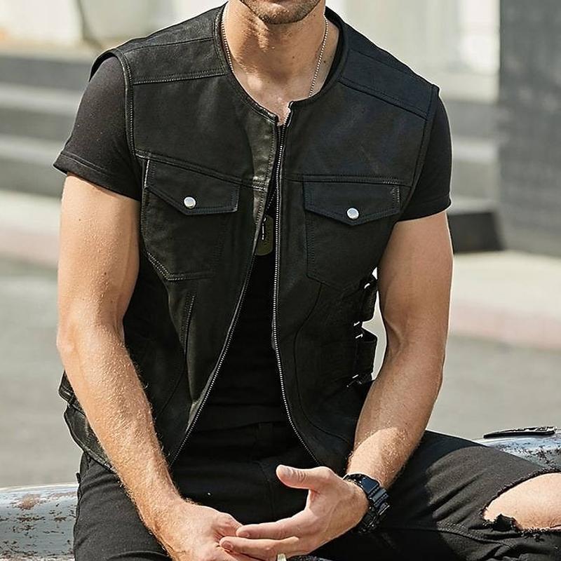 Mens Vintage Solid Color Chest Pocket Collarless Leather Vest 89985087Y