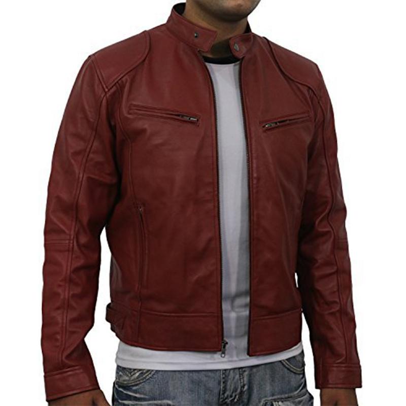 Mens Vintage Stand Collar Zipper Pocket Slim Leather Jacket 19024793M