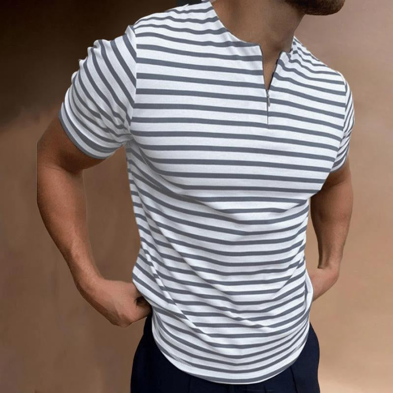 Mens Casual Striped Round Neck Zipper Short Sleeve T-Shirt 24822337Y