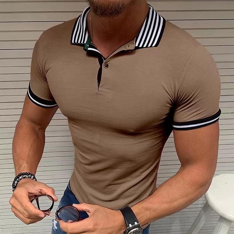 Mens Striped Lapel Solid Color Short Sleeve Polo Shirt 92056343Z