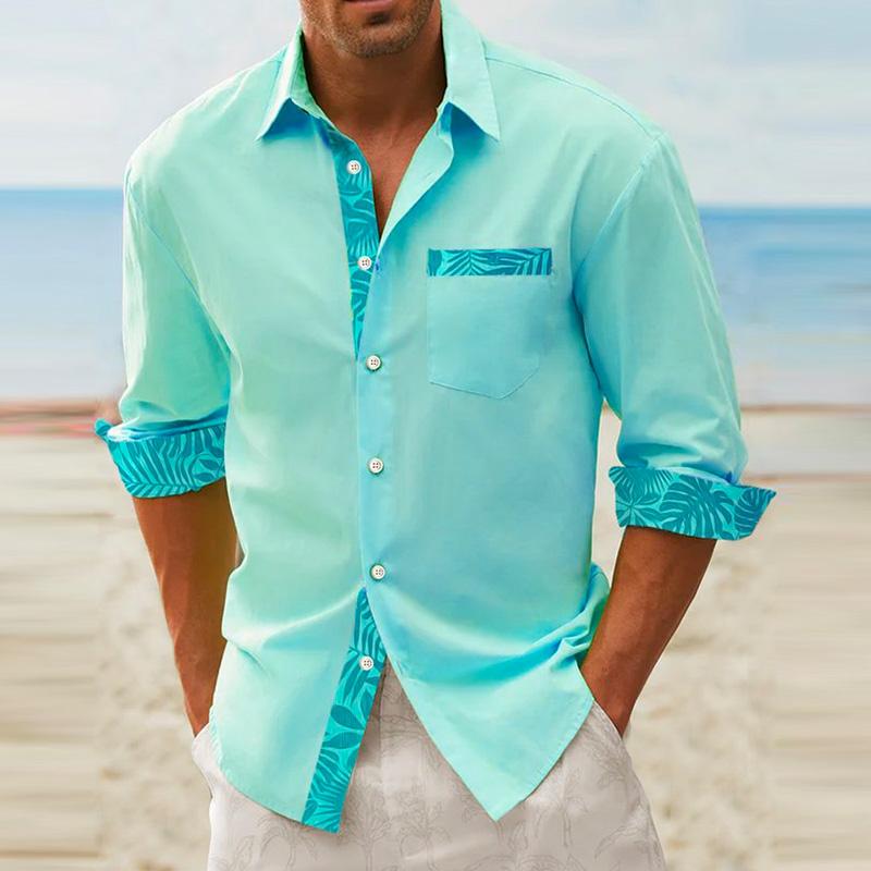 Mens Casual Hawaiian Print Contrasting Color Long Sleeve Lapel Shirt 73178605M
