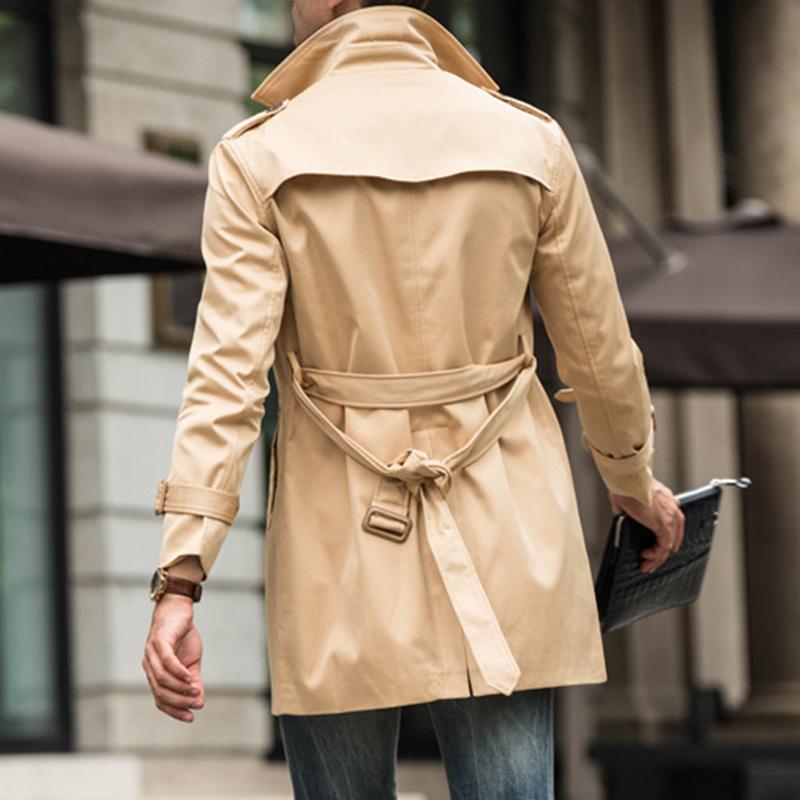 Mens British Style Mid-Length Slim Belted Lapel Double-Breasted Trench Coat 12290371M