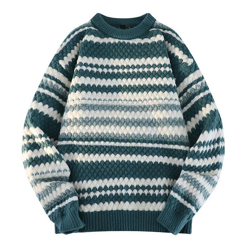 Mens Vintage Stripe Colorblock Round Neck Long Sleeve Pullover Sweater 32321174M