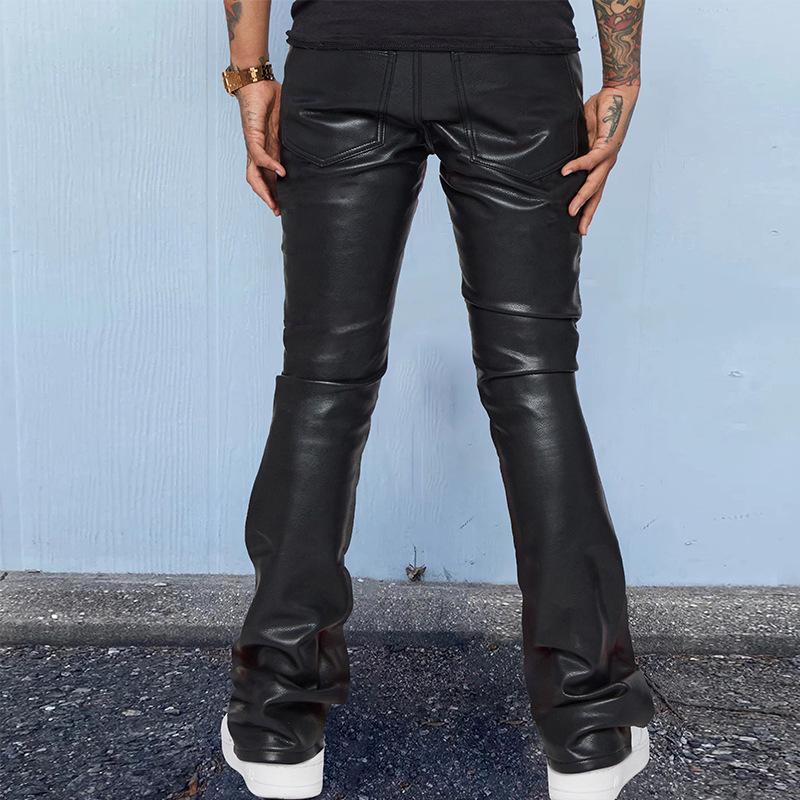 Mens Vintage Solid Color Mid-Rise Loose Thin Leather Pants 74802851M