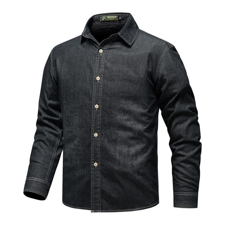 Mens Casual Letter Print Denim Long Sleeve Shirt 68203346Y