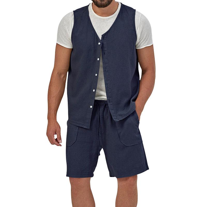 Mens Casual Loose Solid Color Sleeveless Vest Shorts Set 61445702X
