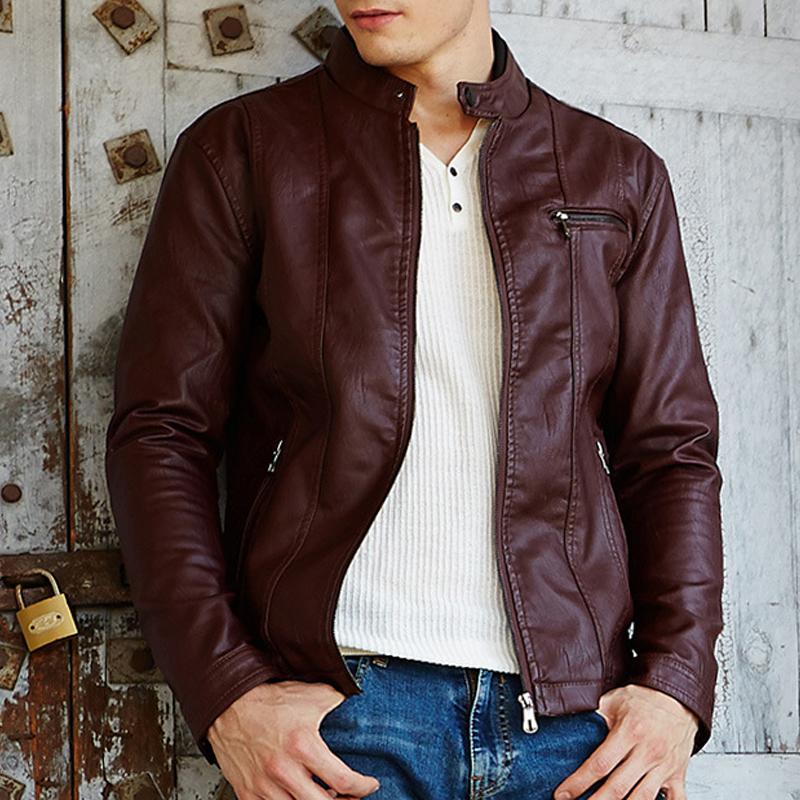 MenS Vintage Tough Guy Rugged Style Stand Collar Leather Jacket 50816108Y