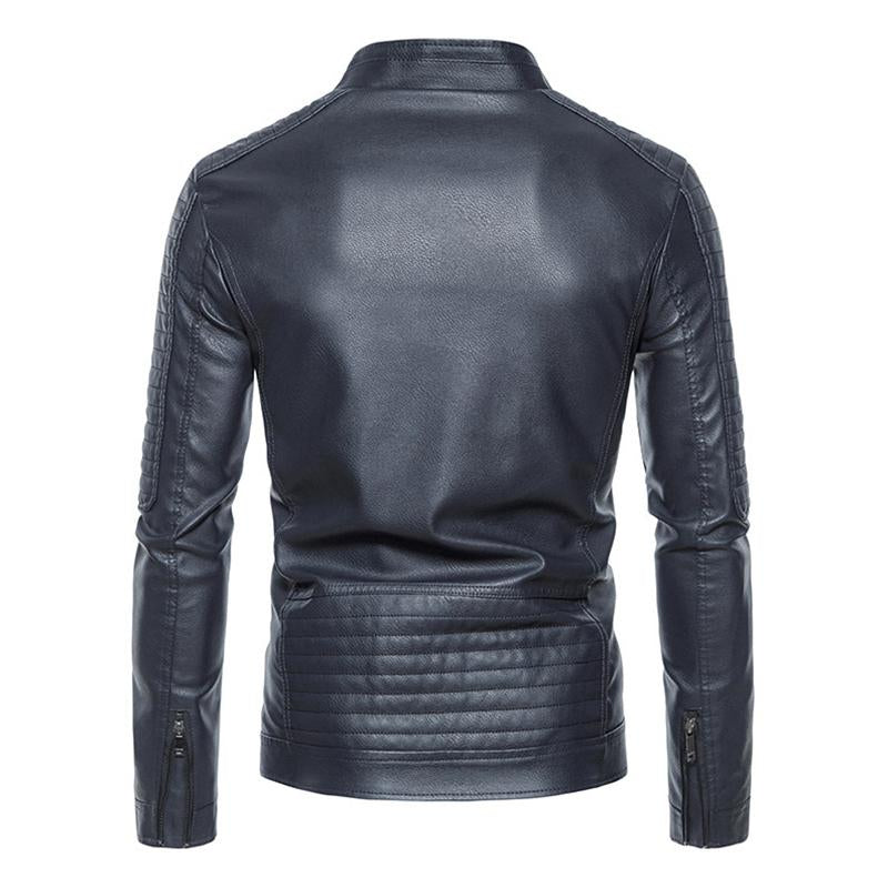 Mens Vintage Stand Collar Patchwork Slim Zipper Leather Motorcycle Jacket 50837459M
