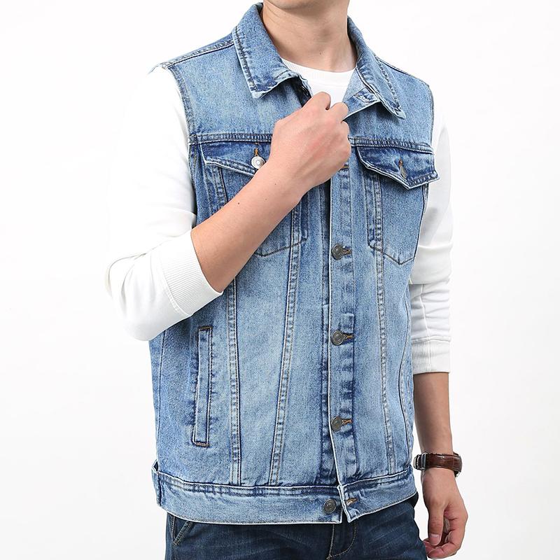 Mens Vintage Wash Lapel Single Breasted Multi Pocket Denim Vest 50562057M