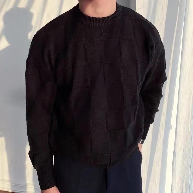Mens Solid Color Plaid Crew Neck Knitted Sweater 94387043X