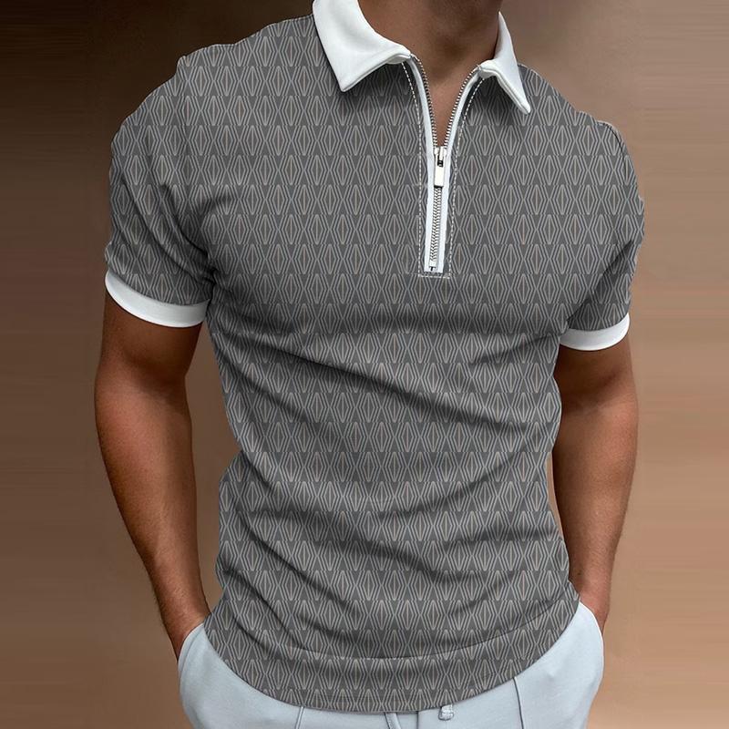 Mens Casual Printed Zipper Lapel Short Sleeve Polo Shirt 55762473M