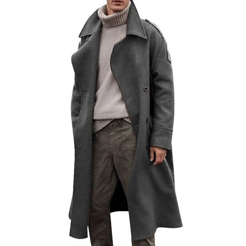 Mens Turn-down Collar Double Breasted Solid Long Coat 63857145Z
