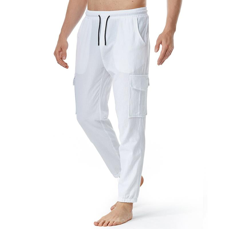 Mens Casual Solid Color Cotton Linen Multi Pocket Trousers 19617055Y