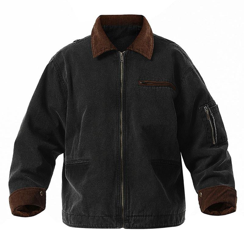 Mens Vintage Washed Cotton Loose Contrast Lapel Zipper Cargo Jacket 32218661M