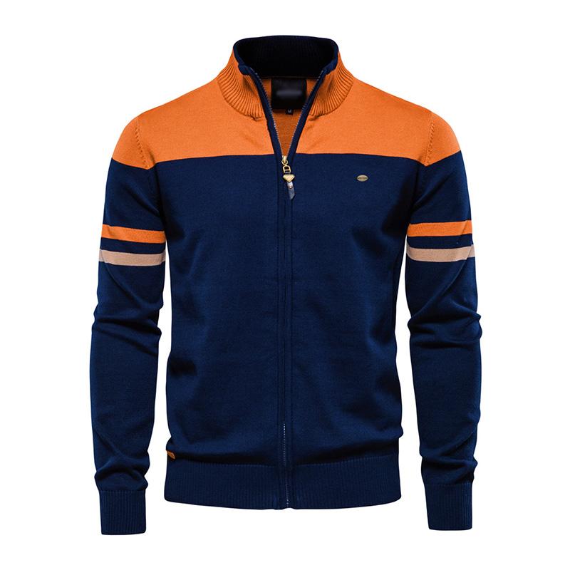 Mens Vintage Stand Collar Contrasting Color High Quality Knitted Zipper Cardigan 05346746M