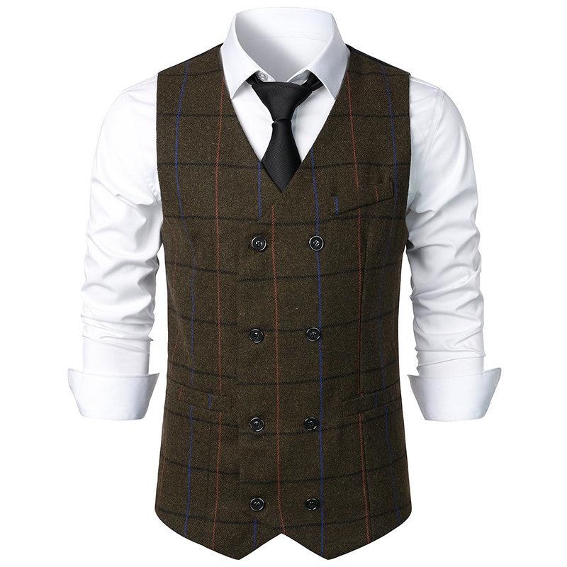 Mens Vintage Plaid V Neck Double Breasted Suit Vest 70463888Z