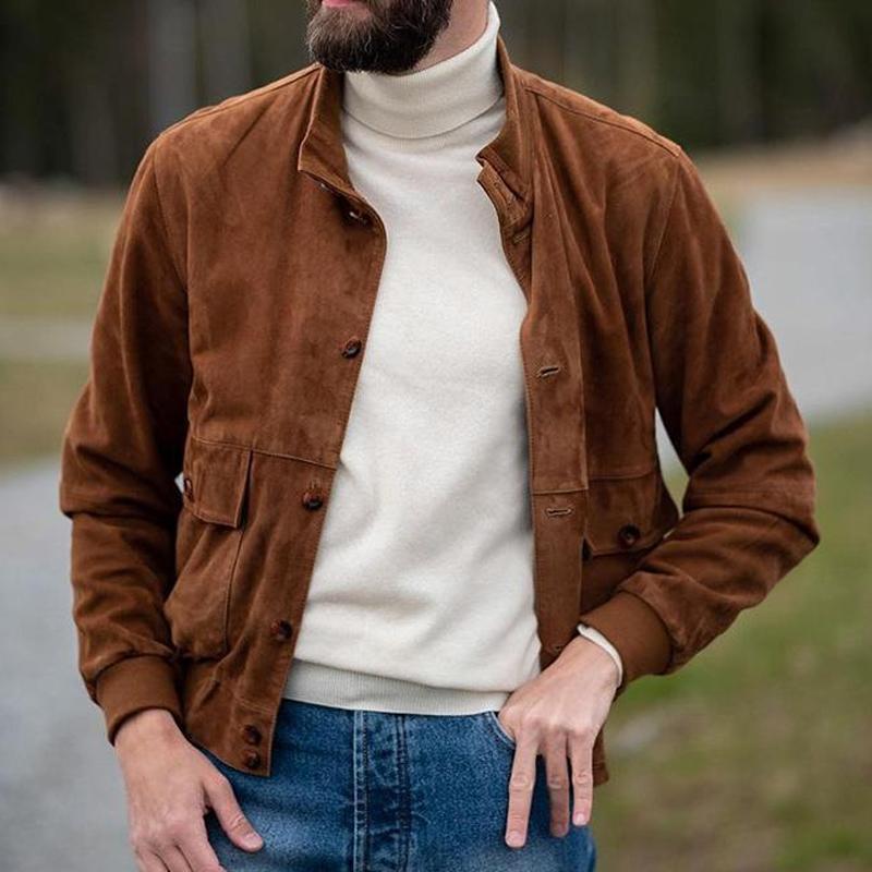 Mens Retro Casual Solid Color Pocket Stand Collar Jacket 55815525Y