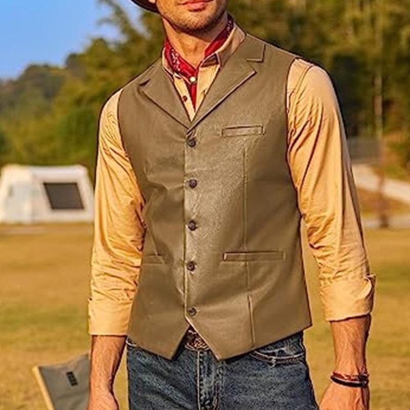 Mens Vintage V Neck Slim Single Breasted Leather Vest 90958464M