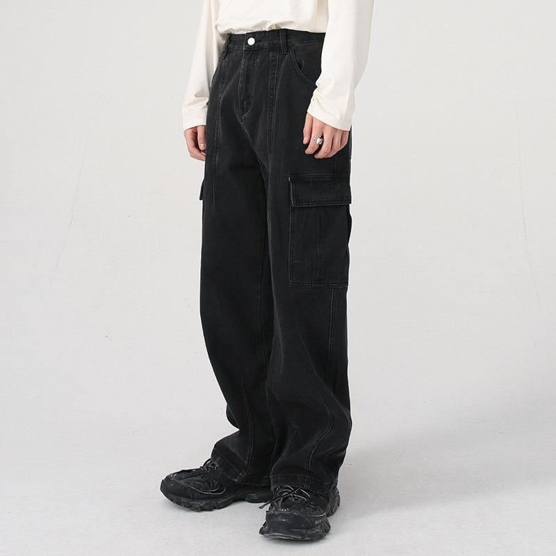Mens Vintage Washed Multi-Pocket Loose Cargo Jeans 99235980M