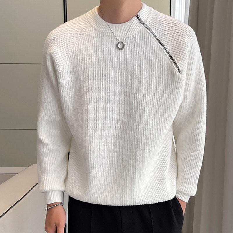 Mens Casual Solid Color Zippered Round Neck Loose Pullover Sweater 53088662M