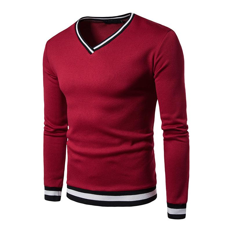 Mens Casual V-Neck Color Block Long-Sleeved T-Shirt 41212577M