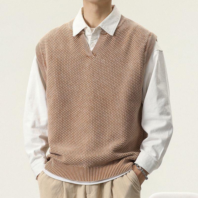 Mens Vintage Solid Color V-Neck Loose Pullover Knit Vest 09992875Y