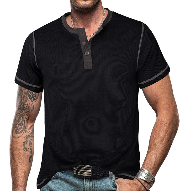 Mens Vintage Waffle Colorblock Short Sleeve Henley T-Shirt 19376028X