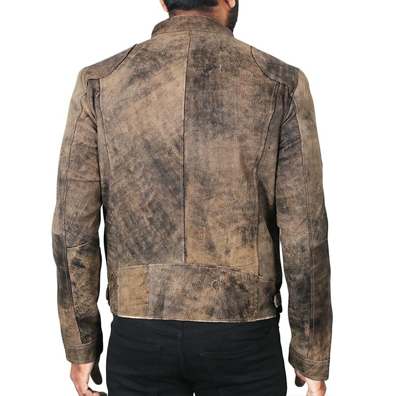 Mens Vintage Distressed Stand Collar Long Sleeve Leather Motorcycle Jacket 68509504M
