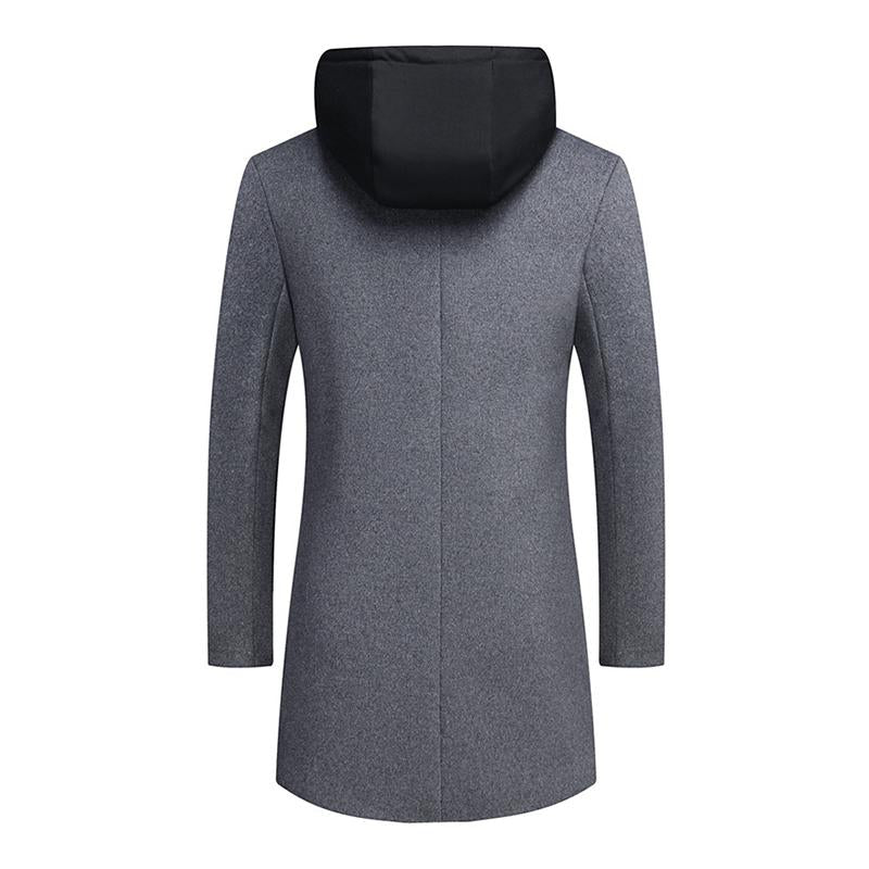 Mens Vintage Wool Blended Mid-Length Removable Hood Single-Breasted Coat 43596933M