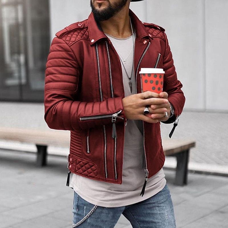 Mens Quilted Thick Lapel Zipper Leather Jacket 23255813X