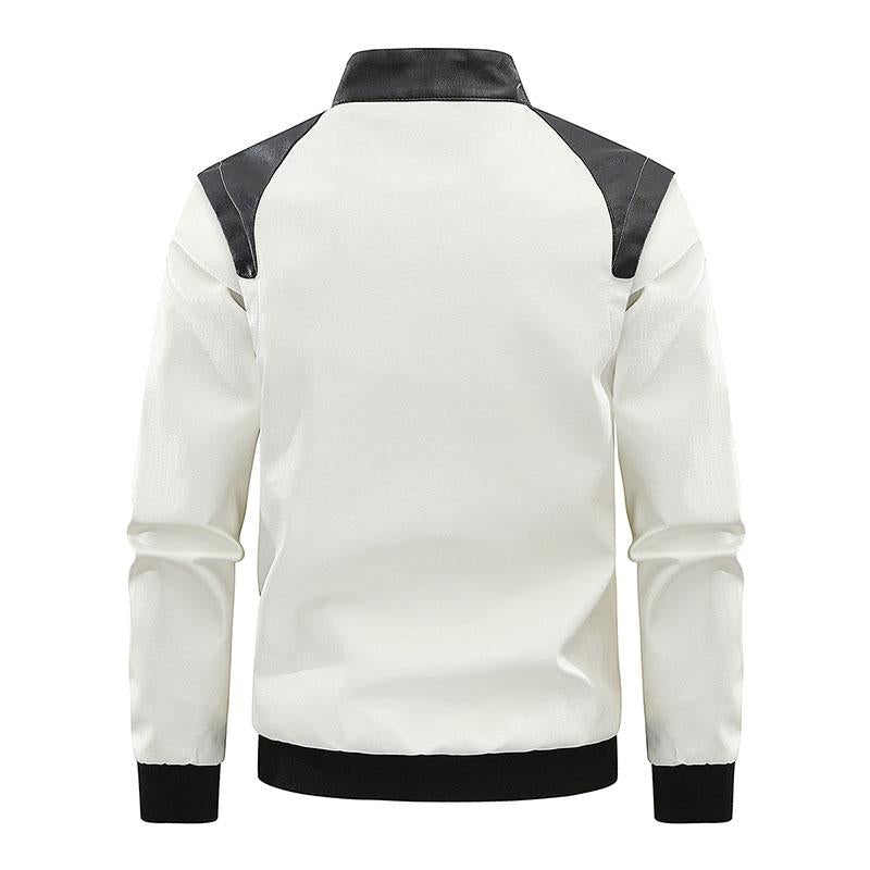 Mens Stylish Contrast Stand Collar Zipper Leather Jacket 79800222M