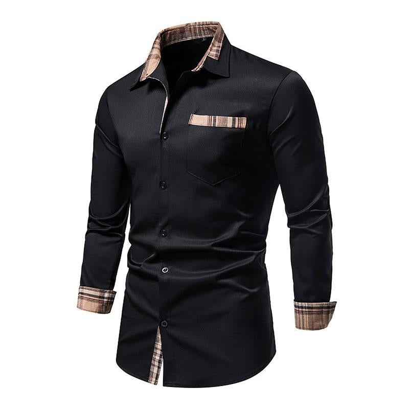 Mens Casual Colorblock Plaid Patchwork Lapel Long-Sleeved Shirt 44324703M