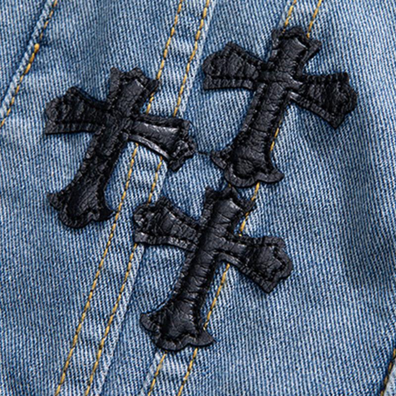 Mens Fashion Cross Patch Lapel Single Breasted Denim Jacket 84136194M