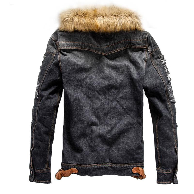 Mens Casual Sherpa Plush Hooded Multi-Pocket Denim Jacket 58313130Y