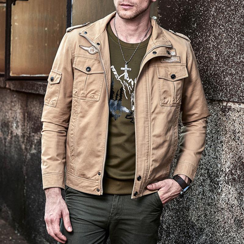Mens Motorcycle Cotton Casual Solid Color Multi-Pocket Cargo Jacket 50429295Y